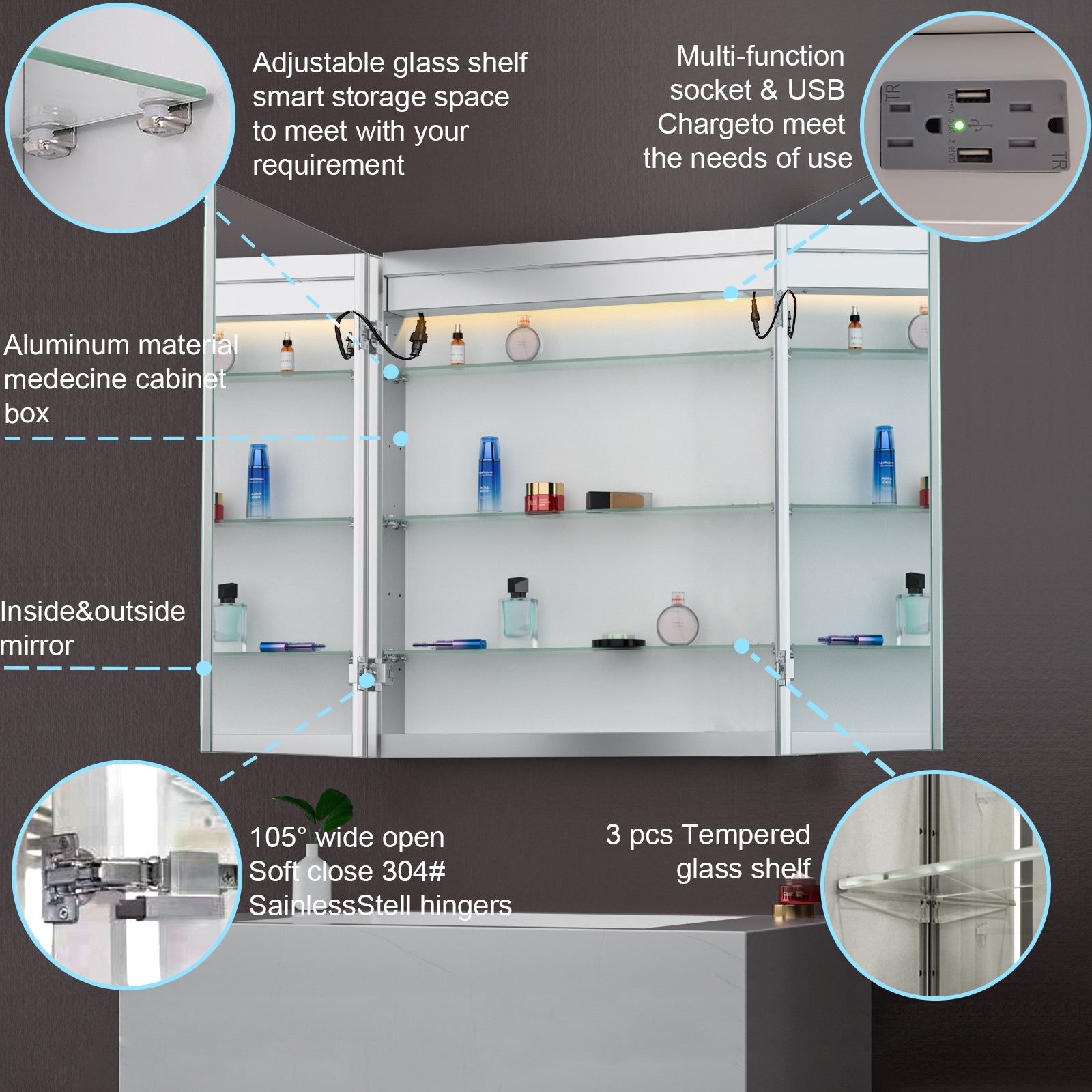 LYRA Rectangular Frameless Custom LED Medicine Cabinet