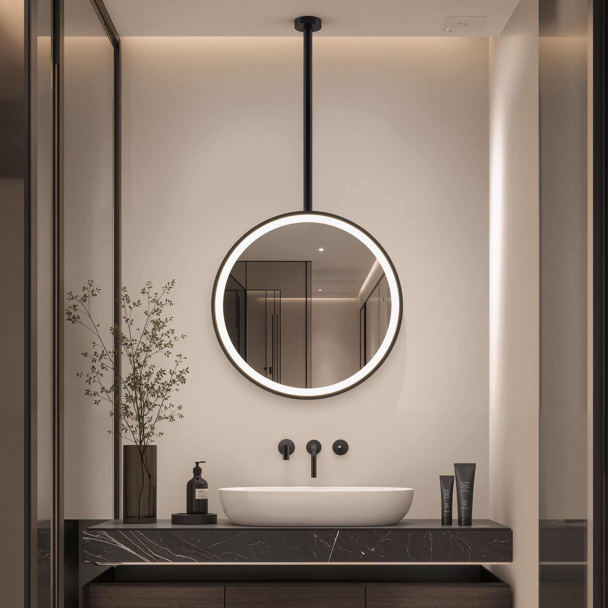 HELYON Hanging Rod Round Framed Custom LED Mirror