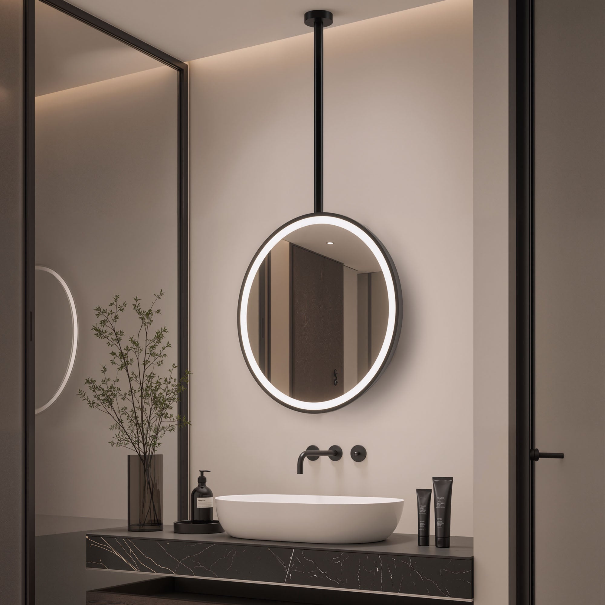 HELYON Hanging Rod Round Framed Custom LED Mirror