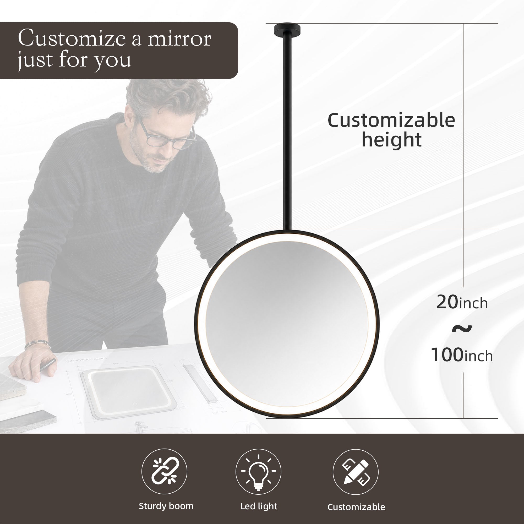 HELYON Hanging Rod Round Framed Custom LED Mirror