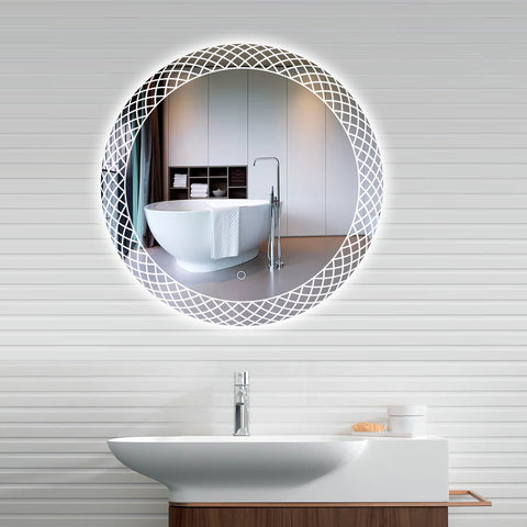 KALLOS Round Frameless Custom LED Mirror Pineapple Sandblasted Design