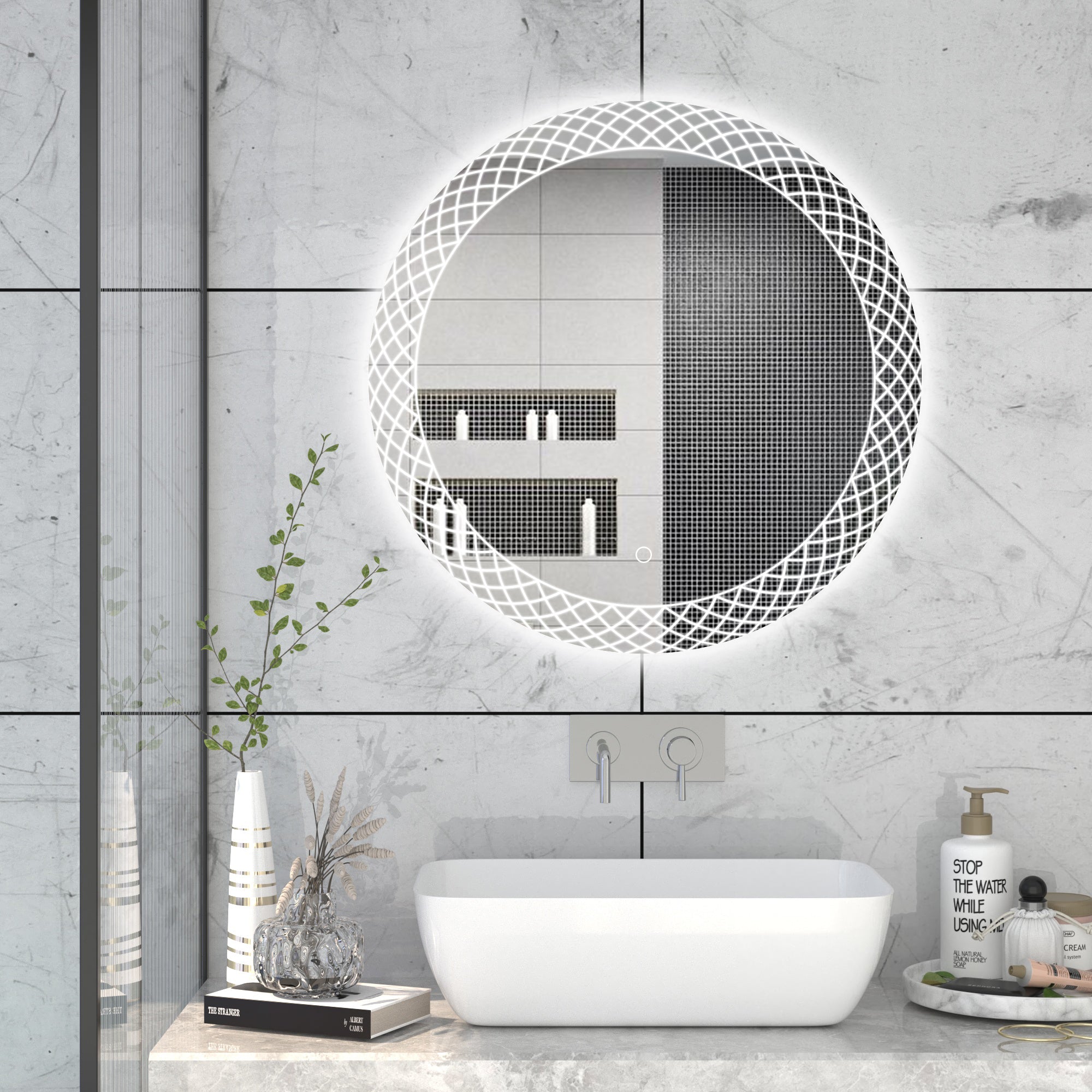 KALLOS Round Frameless Custom LED Mirror Pineapple Sandblasted Design