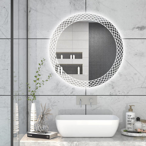 KALLOS Round Frameless Custom LED Mirror Pineapple Sandblasted Design