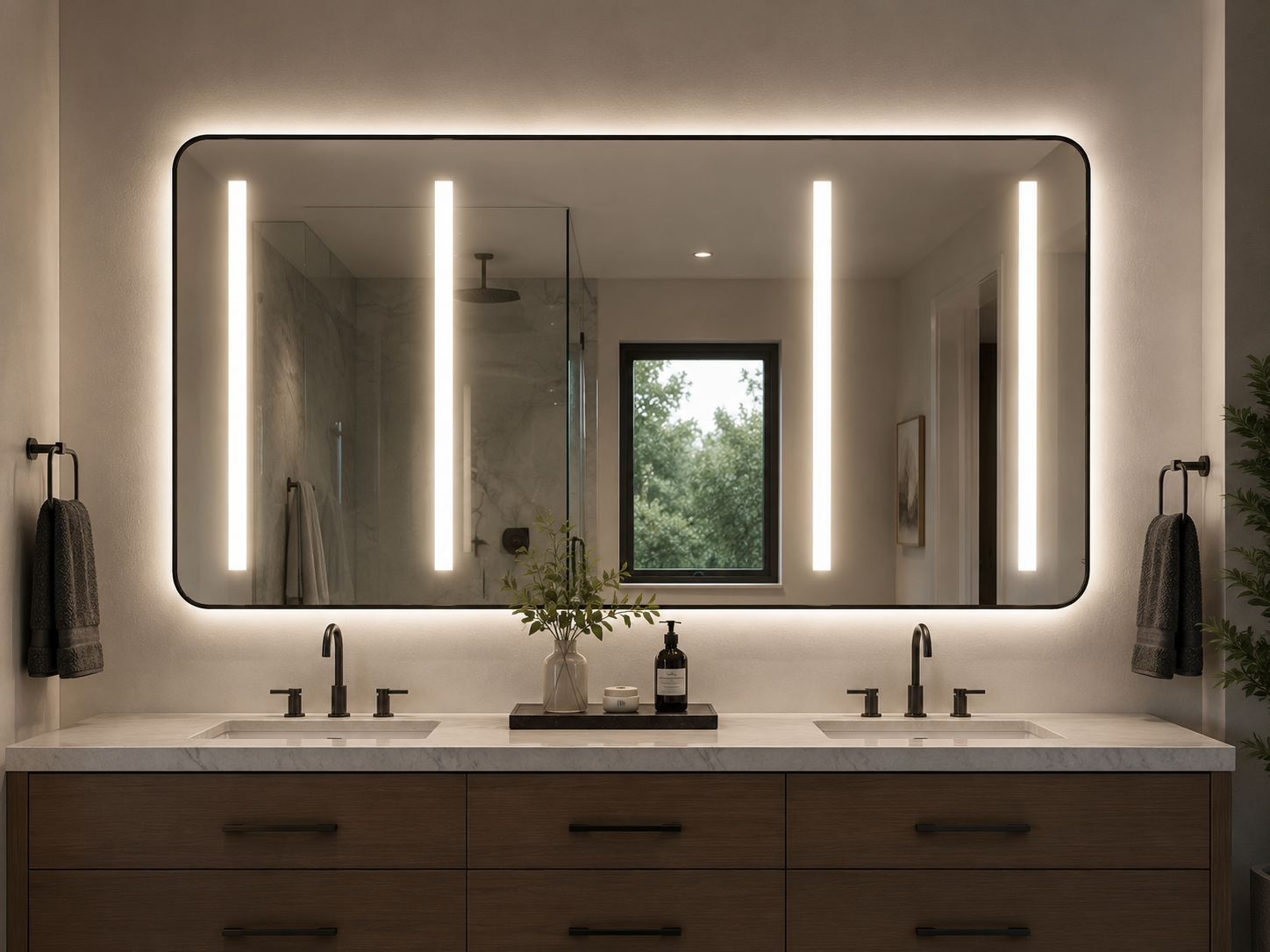 Rounded Framed Custom LED Mirror w/ 4 LED Stripe Mirror (Special Item)
