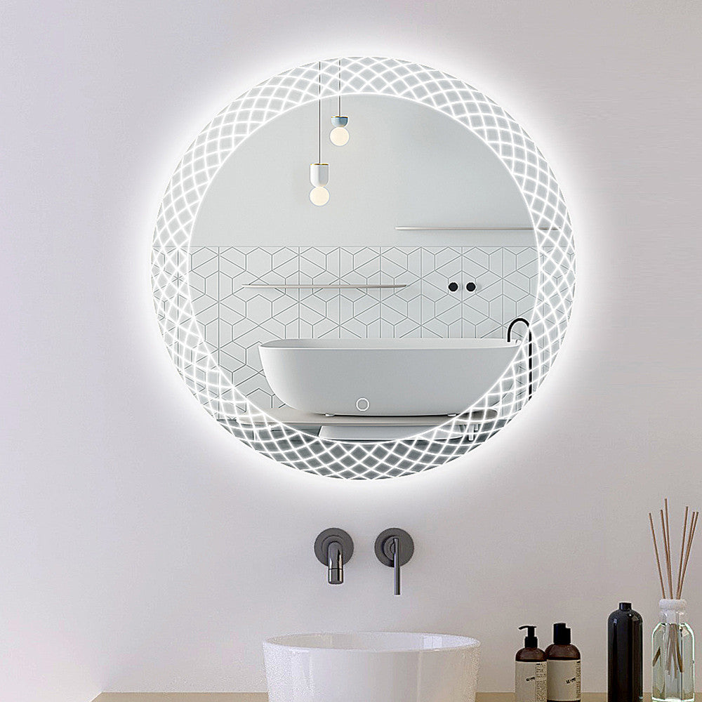 KALLOS Round Frameless Custom LED Mirror Pineapple Sandblasted Design
