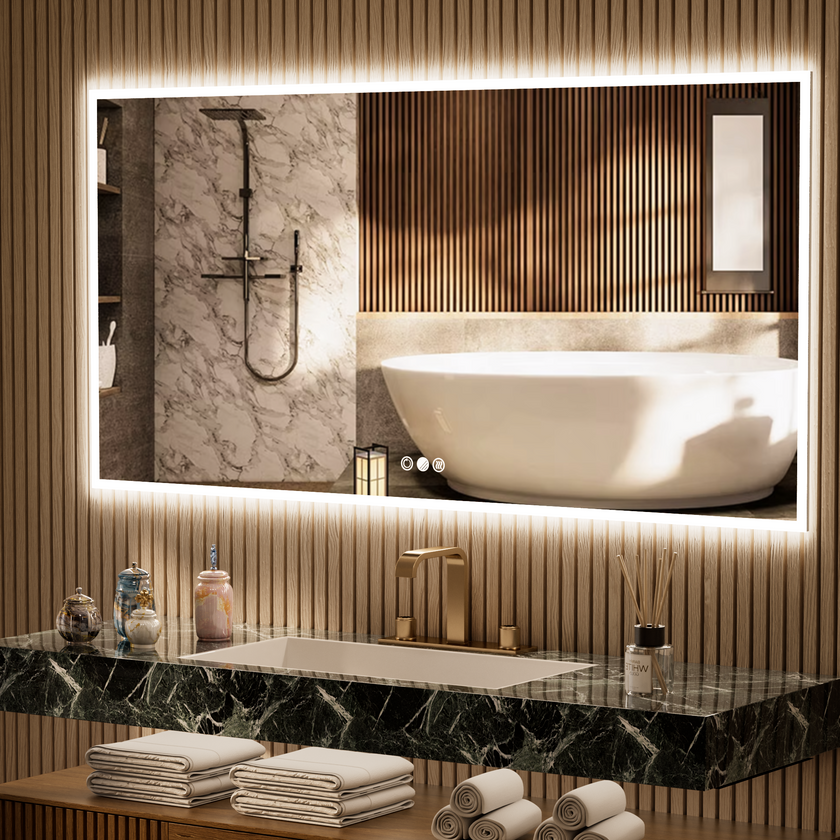 GLOWY Rectangular Frameless LED Mirror with Edge LED Light | Ship today mirror