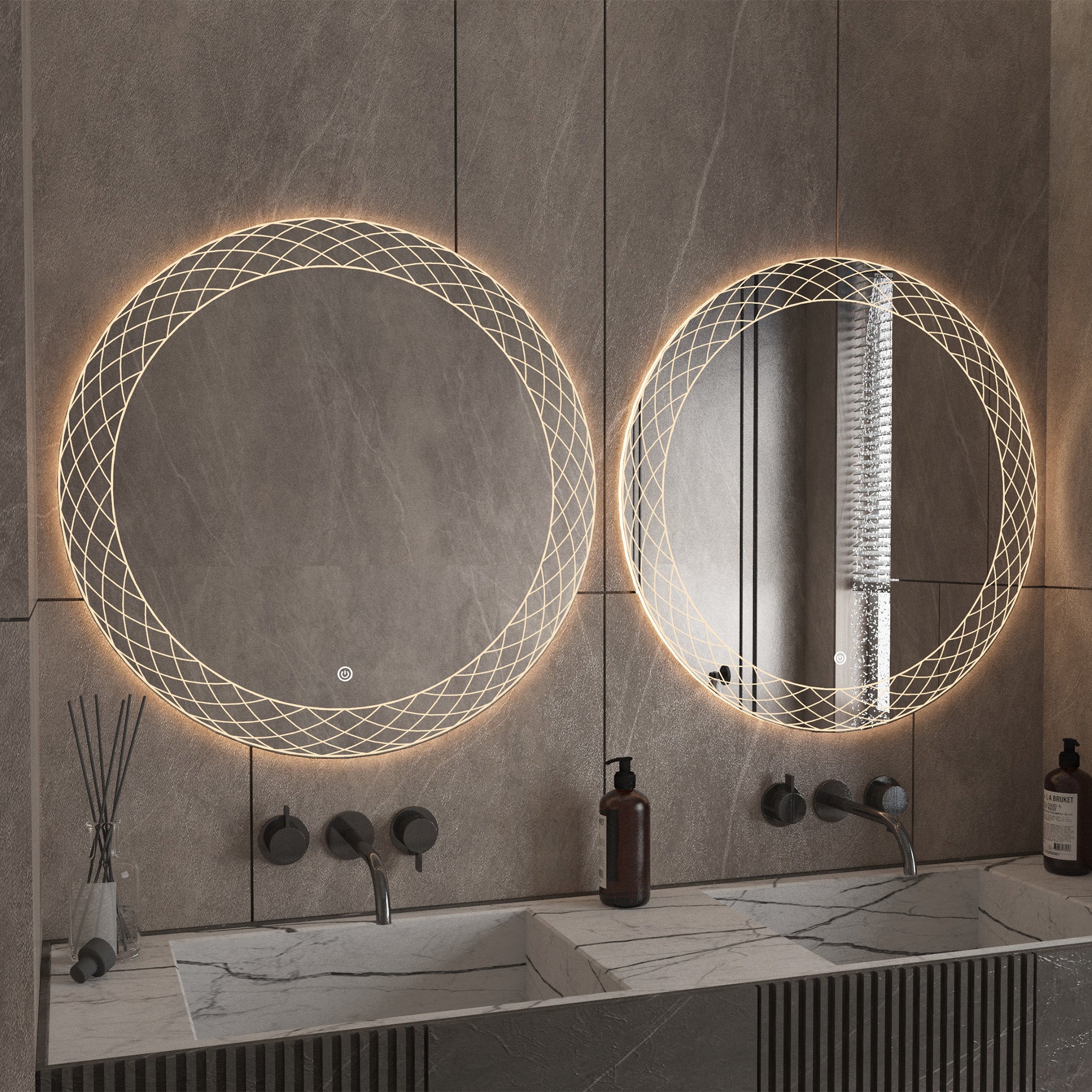 KALLOS Round Frameless Custom LED Mirror Pineapple Sandblasted Design