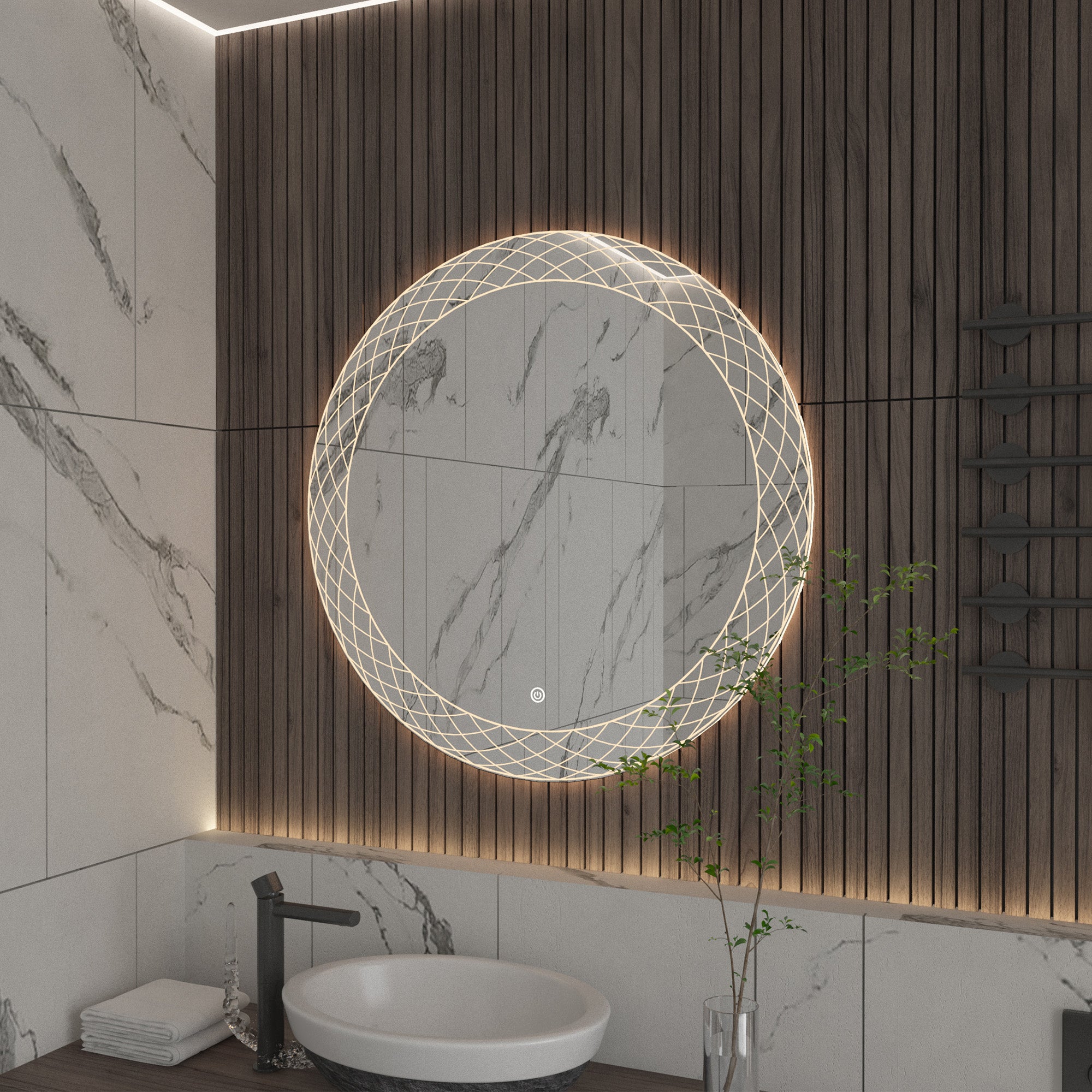 KALLOS Round Frameless Custom LED Mirror Pineapple Sandblasted Design