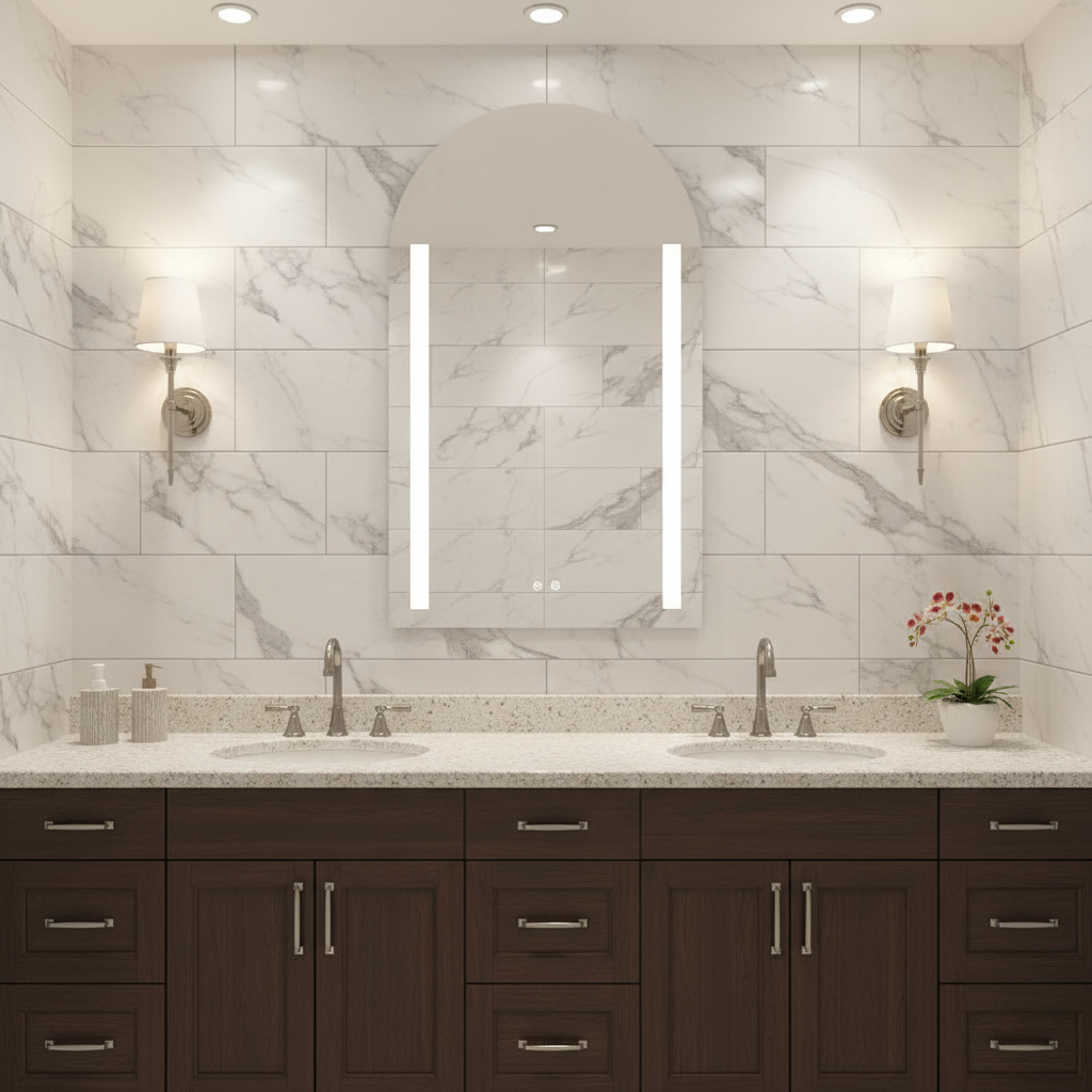 DIVINE Arched Frameless Dual Vertical Glow Stripes Custom LED Mirror