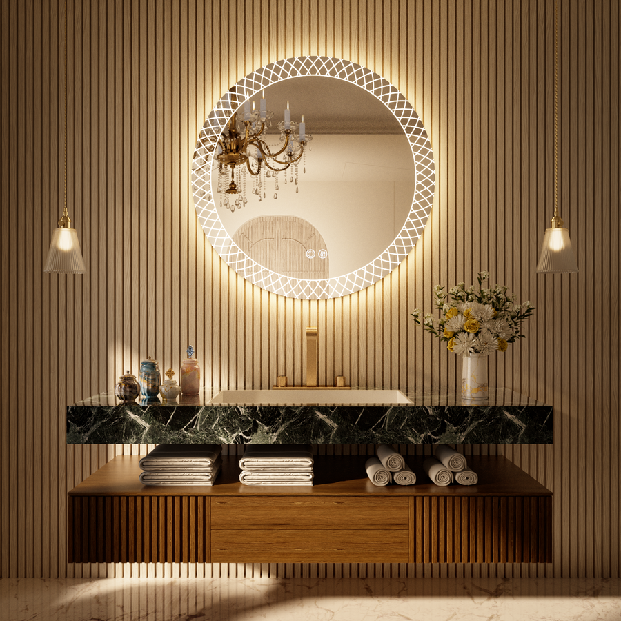 GLITZZ 32" Round Frameless LED Mirror with Pineapple Sandblasted Design | Ship today mirror