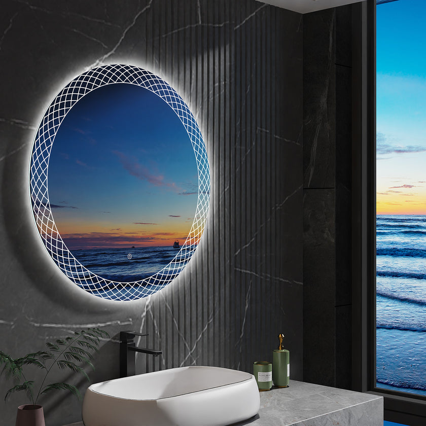 KALLOS Round Frameless Custom LED Mirror Pineapple Sandblasted Design