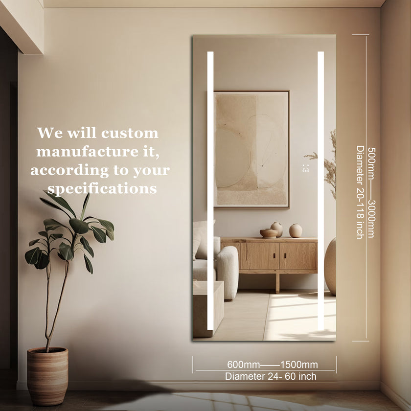 PHOS Full Length Rectangular Frameless Dual Vertical Glow Stripes Custom LED Mirror