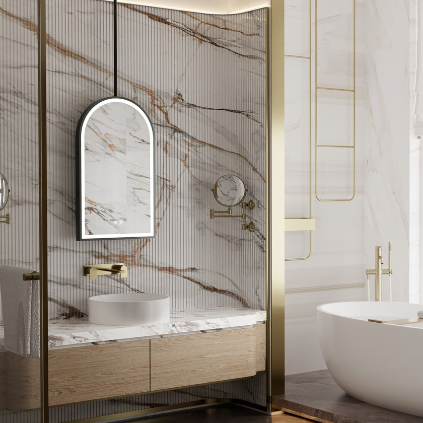 ELVIA Hanging Rod Arched Metal Black Framed Custom LED Mirror