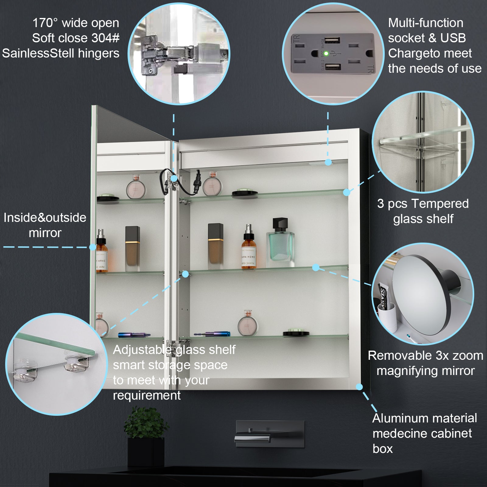 RADIY Rectangular Frameless Medicine Cabinet with Edge LED Light