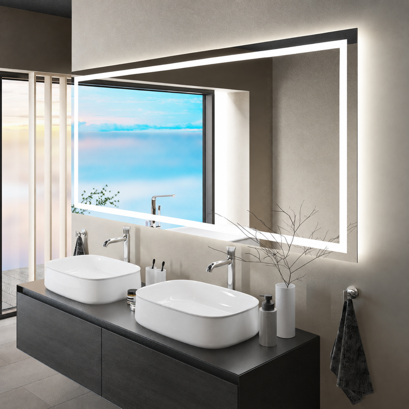 Rectangular Frameless Custom LED Mirror with Front & Back Lighting – Builder’s Choice