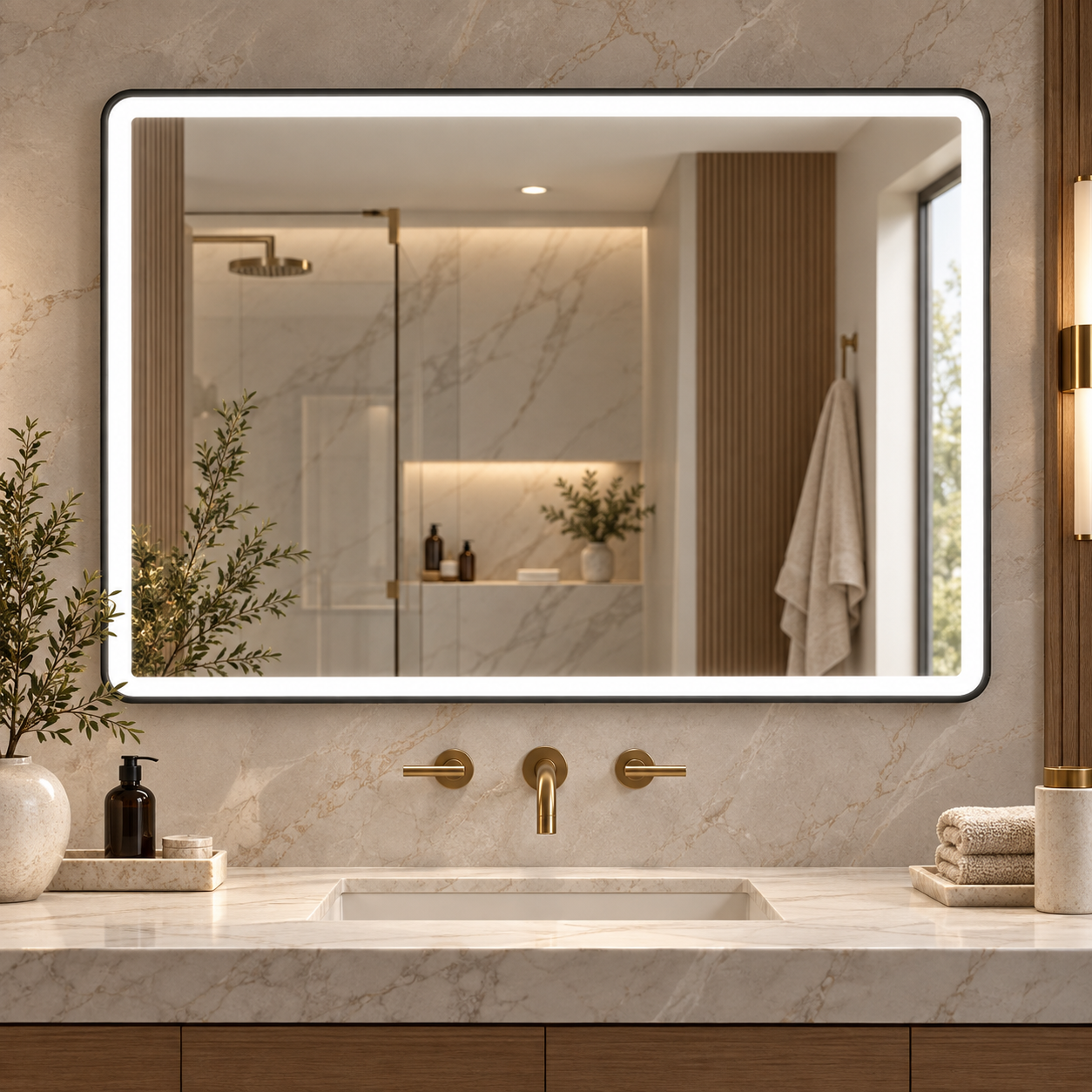 Rounded Matte Black Metal Framed Custom LED Mirror | Wall Dimmer Switch Ready - Builder's Choice