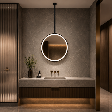 HELYON Hanging Rod Round Metal Black Framed Custom LED Mirror
